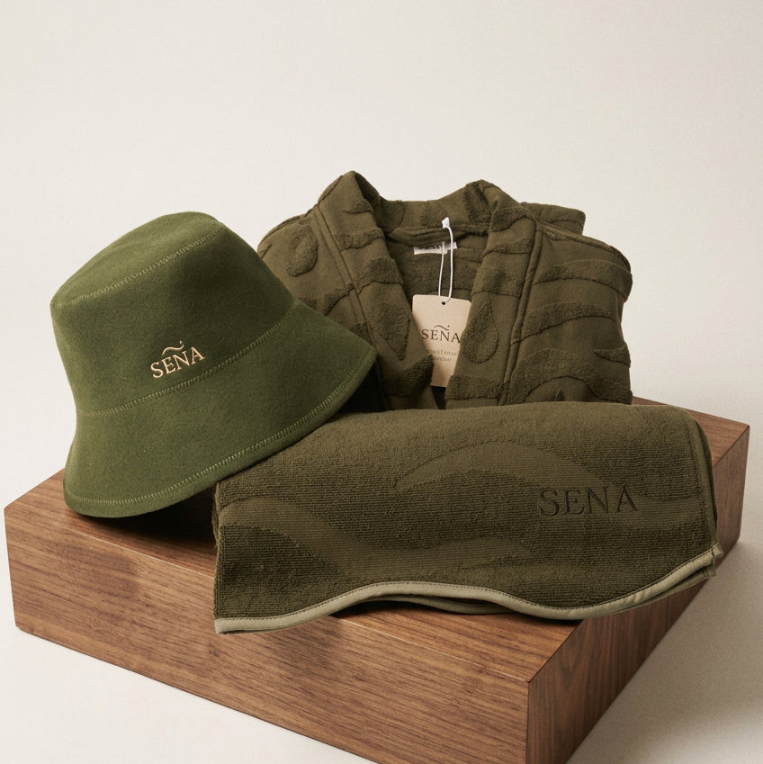 The Full Ritual: SENA sauna robe, towel and hat in Olive