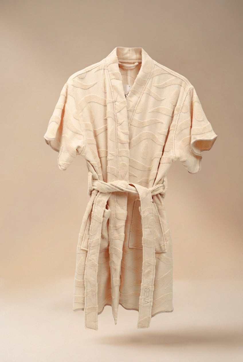 SENA cotton sauna robe in Ecru on a hanger, front